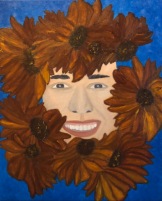 “Libbie is glowing”, 40 x 50 cm., oil on canvas, 2020, is a portrait in a semi-realistic style. Here the sunflowers are abstracted away from the cliché of bright yellow sunbursts epitomized by Van Gogh, and the resultant copper color provides an almost wooden frame around an illumined face. This is a portrait of a strong woman with strong features, but whose inner grace and contagious smile exude immense Light, beauty, and warmth. In this sense, she is an archetype and an icon.