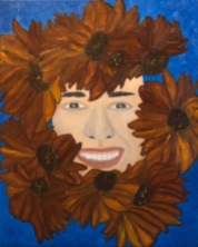 “Libbie is glowing”, 40 x 50 cm., oil on canvas, 2020, is a portrait in a semi-realistic style. Here the sunflowers are abstracted away from the cliché of bright yellow sunbursts epitomized by Van Gogh, and the resultant copper color provides an almost wooden frame around an illumined face. This is a portrait of a strong woman with strong features, but whose inner grace and contagious smile exude immense Light, beauty, and warmth. In this sense, she is an archetype and an icon.